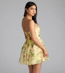 Emilliana Lace-Up Floral Embroidered Skater Dress