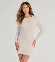 Brea Sequin Beaded Long Sleeve Cowl Back Mini Dress