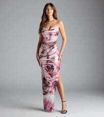 Solada Cowl Neck Slit Floral Satin Formal Dress