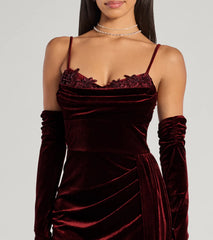 Inez Beaded Applique Velvet Formal Column Dress With Gloves