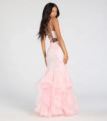 Sylvia Lace-Up Mermaid Tulle Ruffle Sequin Dress