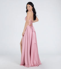 Abbey Lace-Up Slit A-Line Satin Formal Dress