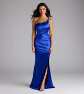 Contessa One-Shoulder Slit Satin Formal Dress