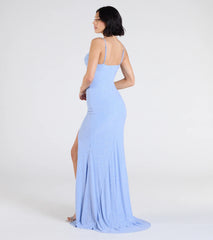 Madison Cowl Neck Slit Glitter Formal Dress