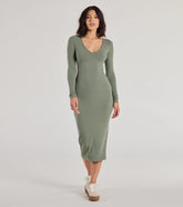 Casual Chic Style Long Sleeve Ribbed Knit Midi Dress