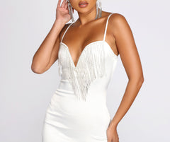 Absolutely Speechless Rhinestone Fringe Satin Mini Dress