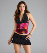 Tropical Lifestyle Floral Halter Mesh Crop Top