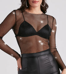 Edgy Glam Girl Rhinestone Fishnet Top