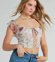 Gorgeous Blooms Lace-Up Floral Mesh Corset Top