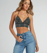 When The Party Calls Rhinestone Halter Crop Top