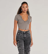 Girl Next Door Ribbed Knit Henley Crop Top