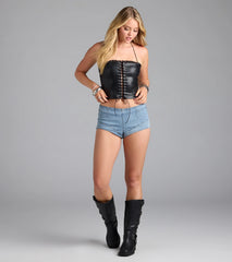 Edgy Demure Lace-Up Halter Crop Top