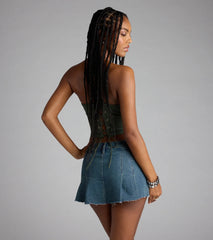 Glam Heat Rhinestone Flame Denim Corset Top