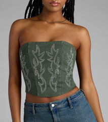 Glam Heat Rhinestone Flame Denim Corset Top