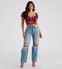 Cute Peek Satin Tie-Front Crop Top