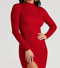 Basic Ribbed Knit High Slit Midi Dress