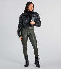 Slick Style Faux Leather Cropped Puffer Jacket