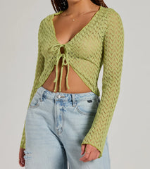 Cabana Honey Tie Front Crochet Crop Sweater