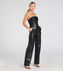 On The Low Strapless Wide-Leg Faux Leather Jumpsuit
