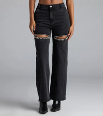 So Obsessed Rhinestone Cutout Straight Leg Denim Jeans