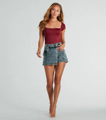 Trendy Impression Acid-Wash Denim Wrap Skort