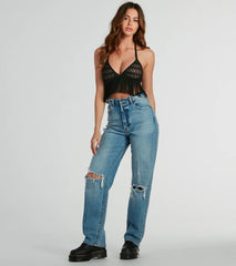 Valley Girl Triangle Crochet Fringe Halter Bra