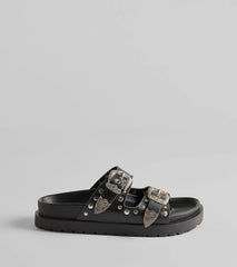 On Trend Western Buckle Faux Leather Slide Sandals