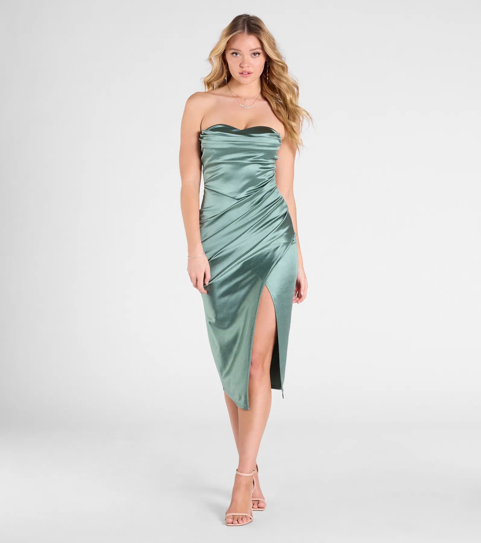 Kaleen Sleeveless Satin Wrap Midi Dress