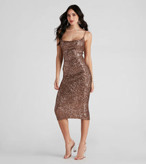 Lillia Formal Cowl Neck Sequin Midi Dress