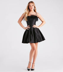 Lennon Satin Feather Trim Formal Skater Dress