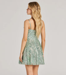 Kyra Glitter Sequin Floral Mesh Skater Dress