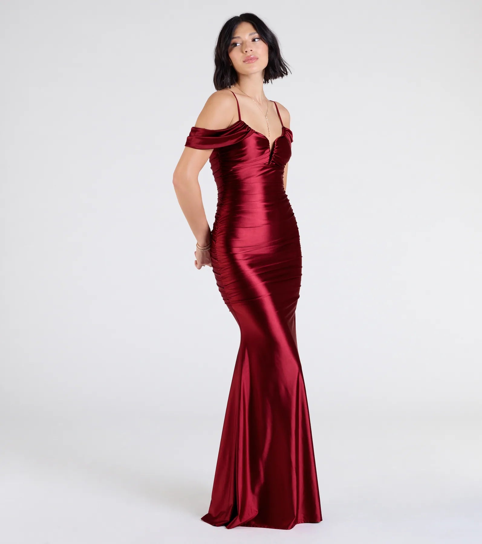 Jelene Cold-Shoulder Mermaid Satin Formal Dress