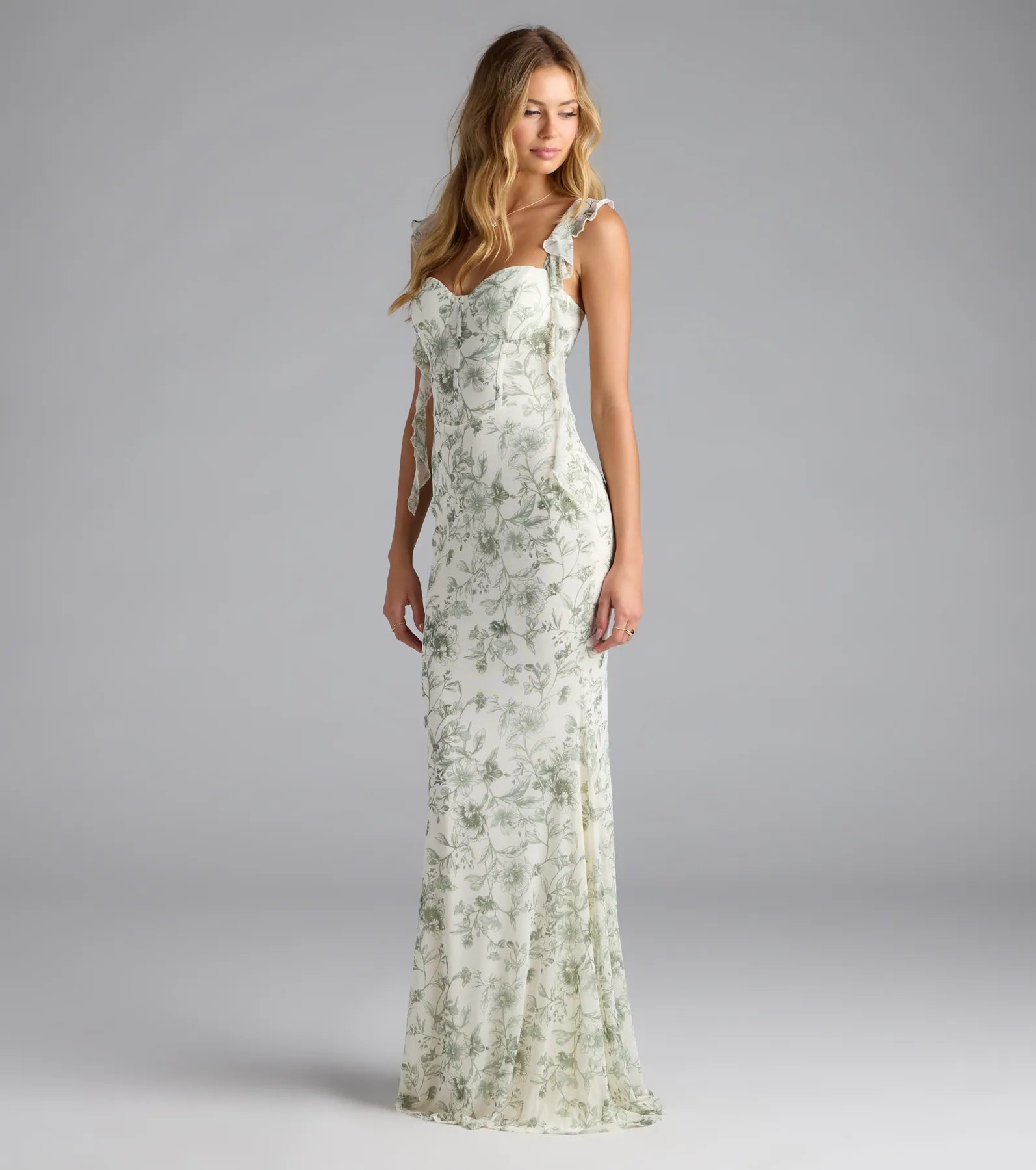 Melita Ruffle Mermaid Floral Mesh Formal Dress