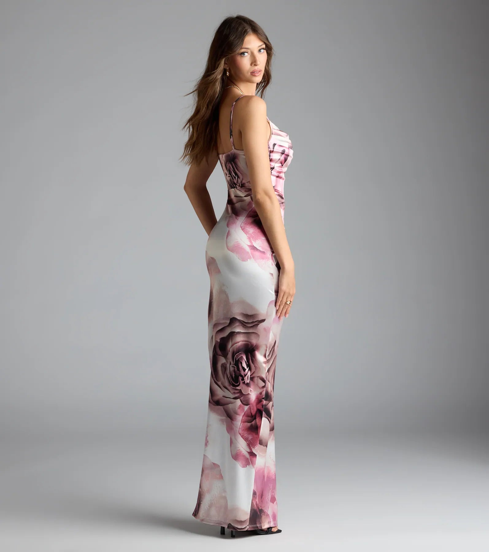 Solada Cowl Neck Slit Floral Satin Formal Dress