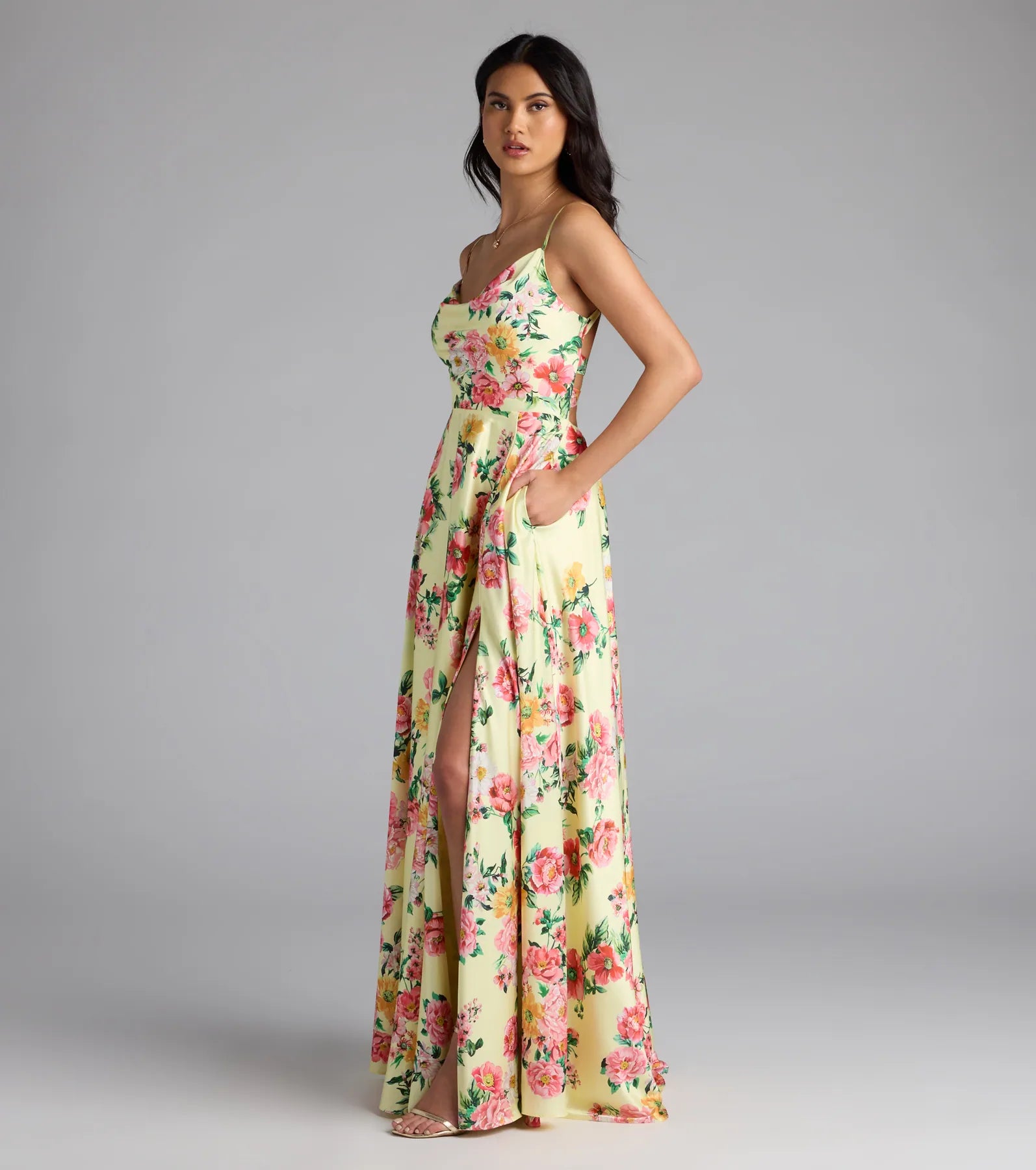 Robina Lace-Up A-Line Floral Satin Formal Dress