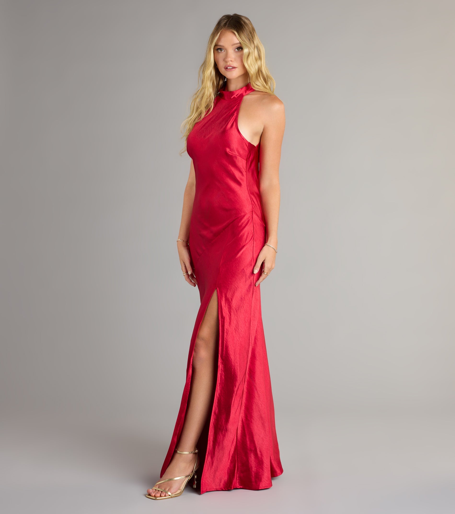 Andie Halter Open Back Slit Satin Formal Dress