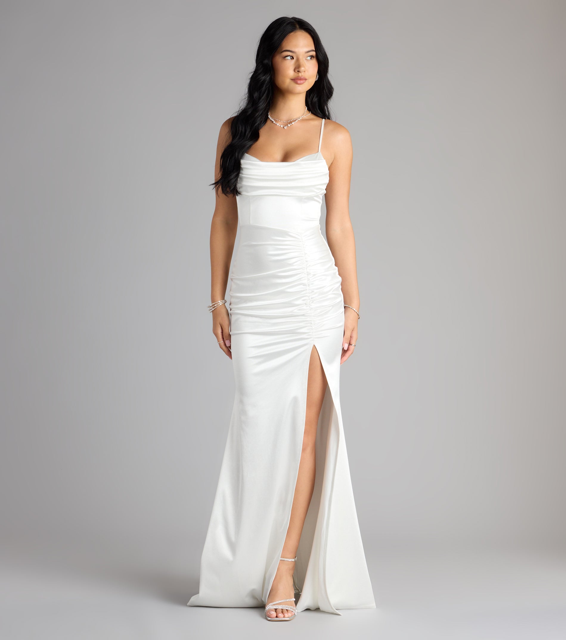 Jazmine Cowl Neck Slit A-Line Satin Formal Dress