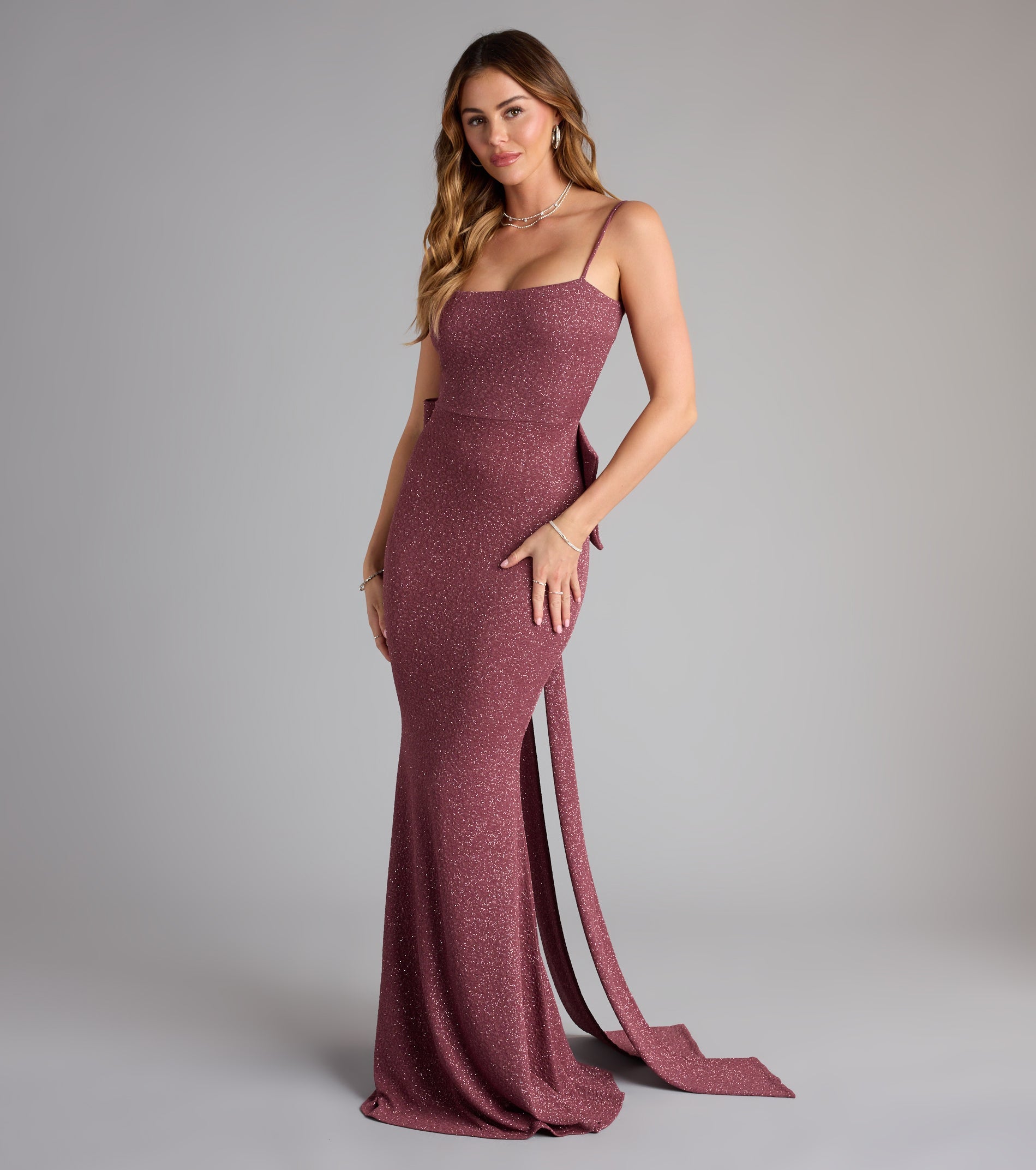 Gwendolyn Glitter Knit Bow-Back Mermaid Dress