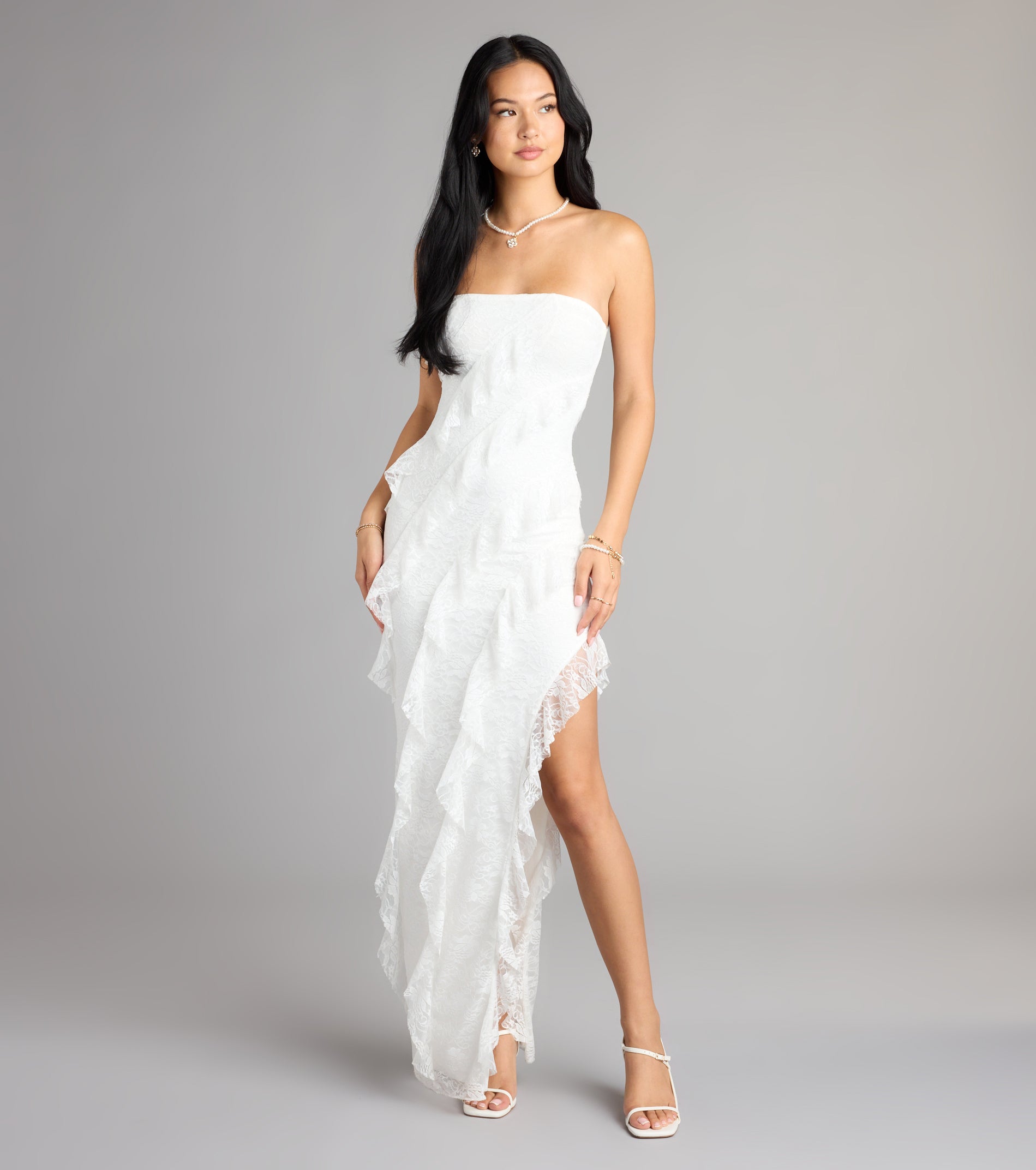 Ellie Ruffled Lace High Slit Formal Dress