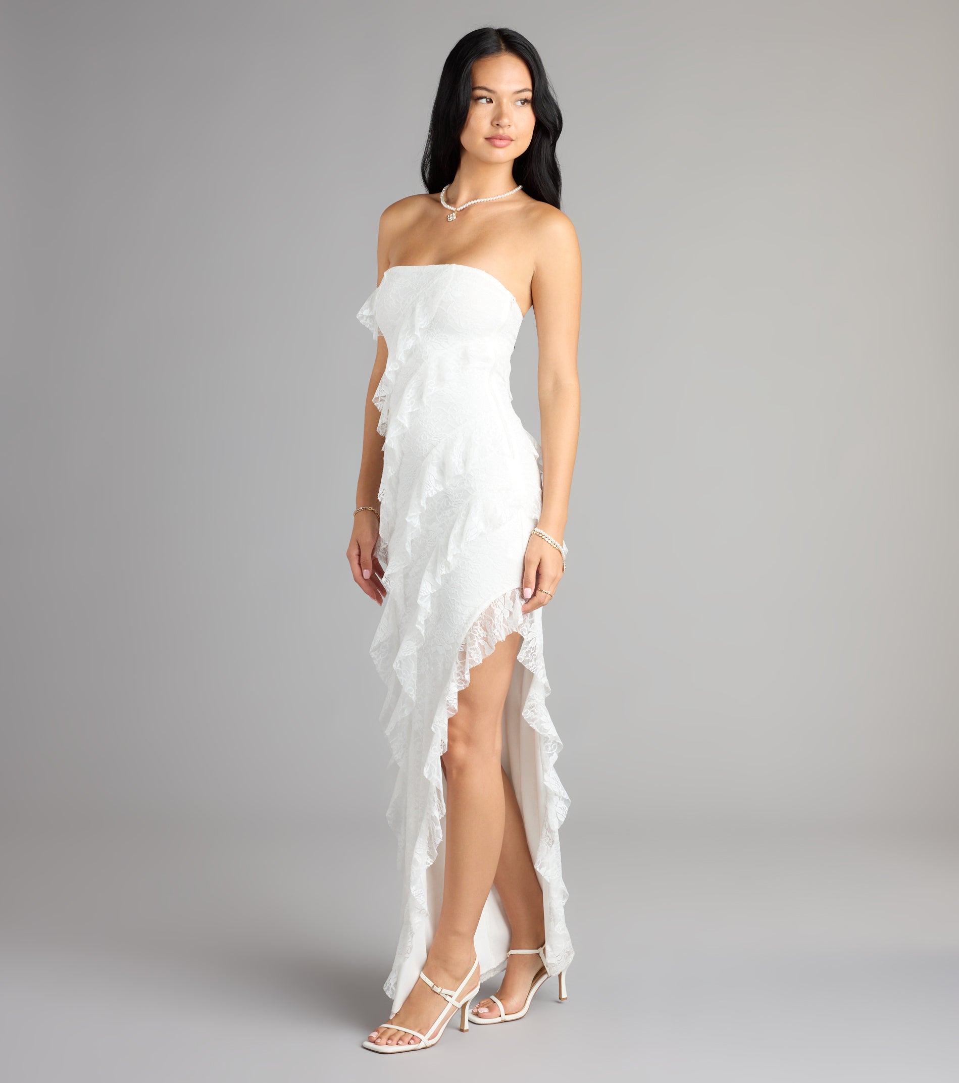 Ellie Ruffled Lace High Slit Formal Dress