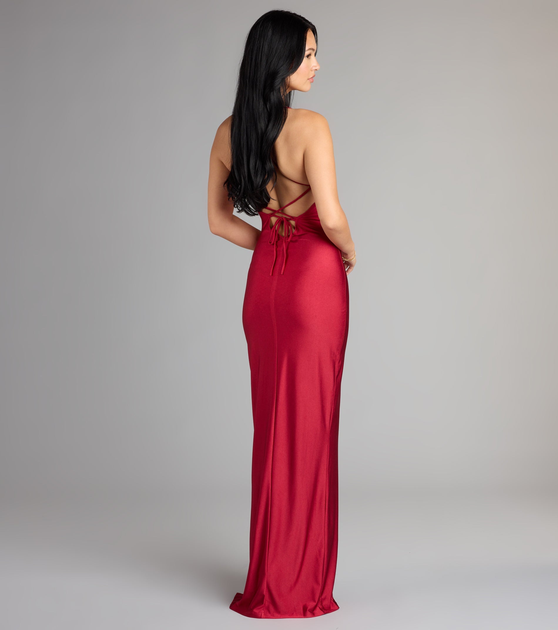 Natalie Cowl Neck Lace-Up Slit Column Dress