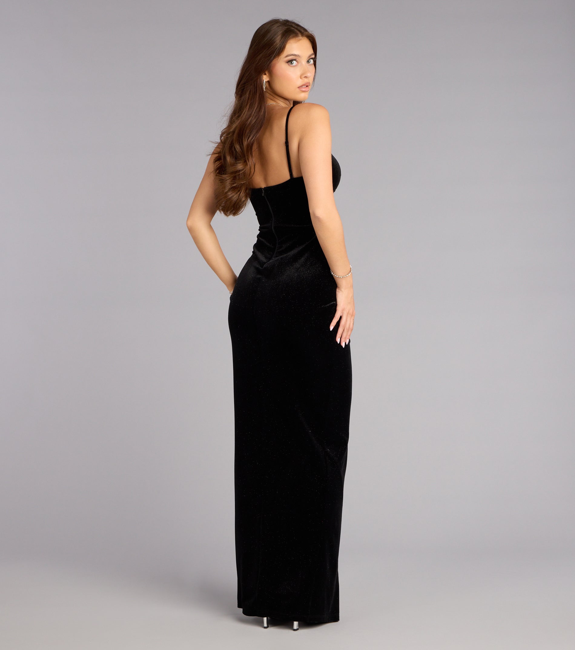 Shay Glitter Velvet Slit Formal Dress