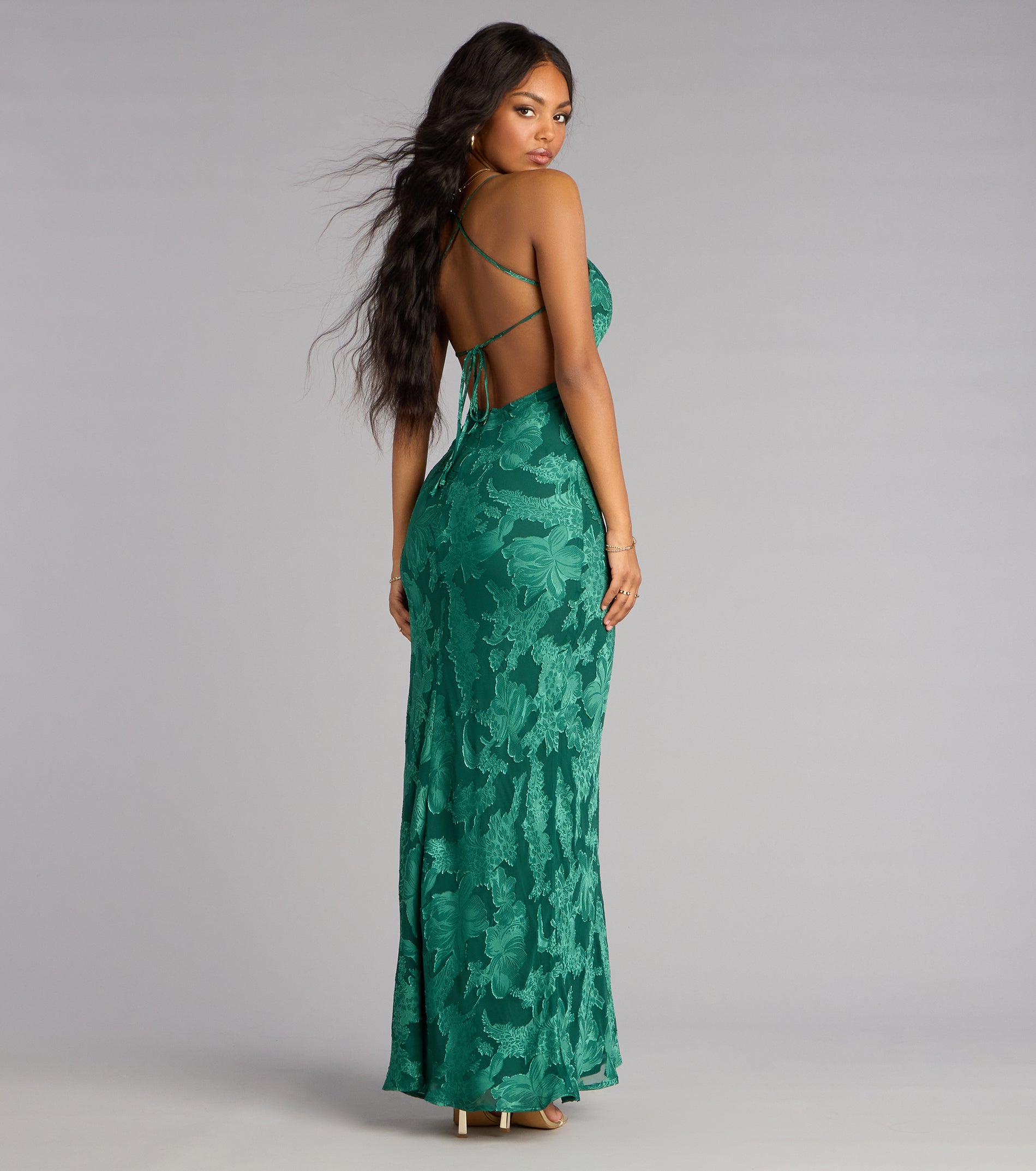 Enya Floral Mesh Lace-Up Formal Dress