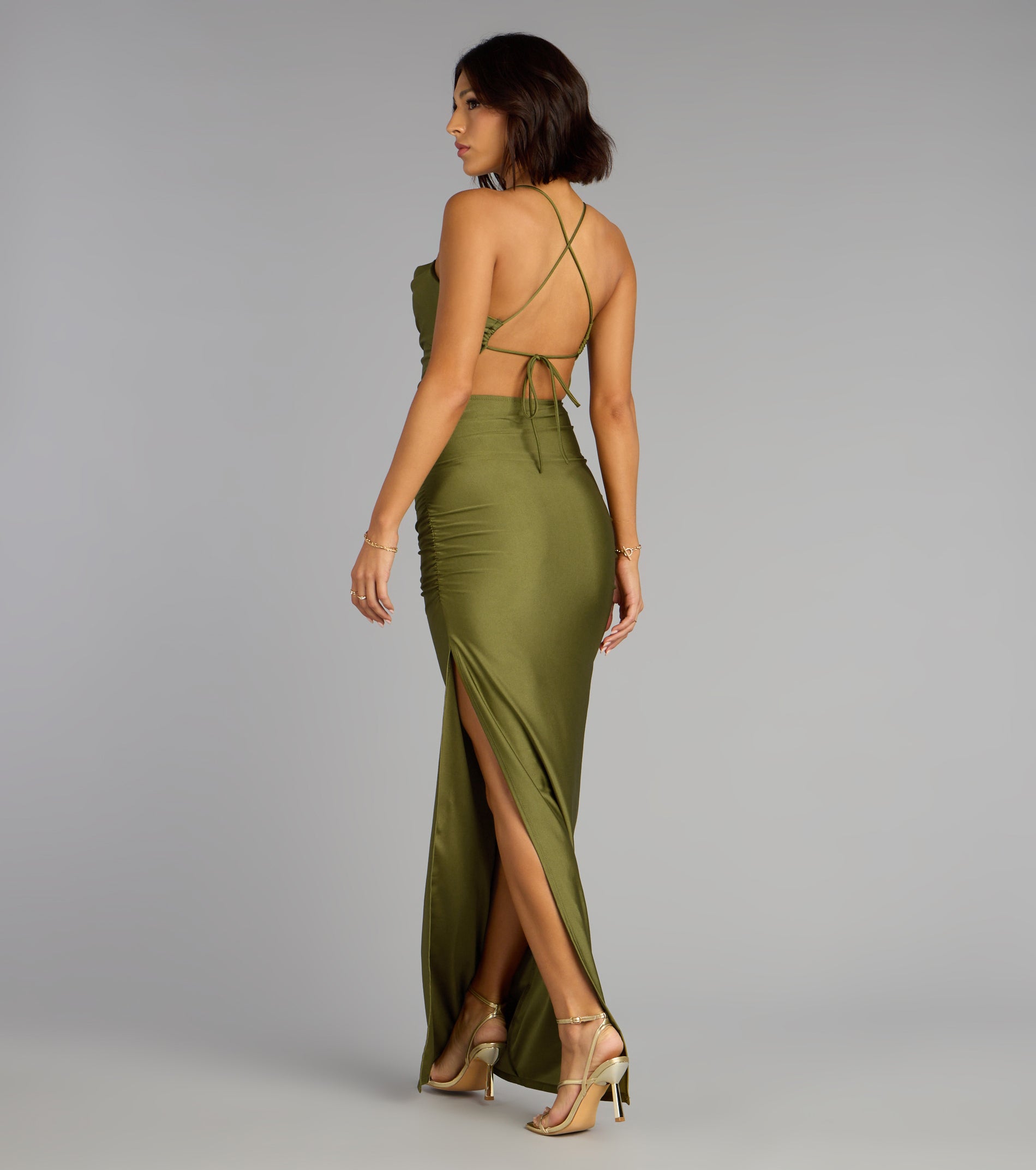 Stefani Lace-Up Slit Formal Dress