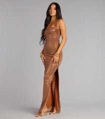 Tiana Metallic Halter Slit Formal Dress