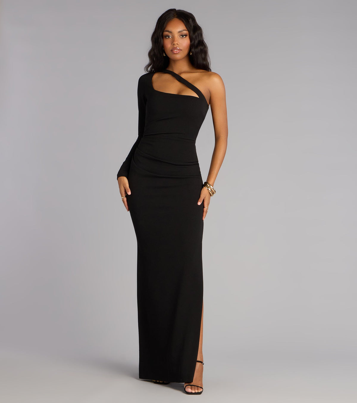 Sam Crepe One-Shoulder Slit Formal Dress