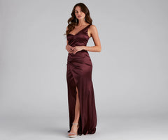 Darlene Formal Satin Wrap Slit Long Dress