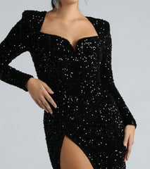 Trina Formal Velvet Sequin Long Sleeve A-Line Dress