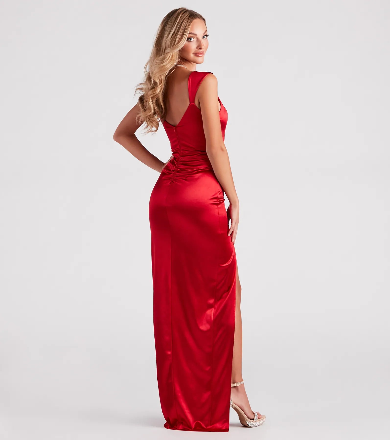 Amora Ruched Satin High Slit Formal Dress