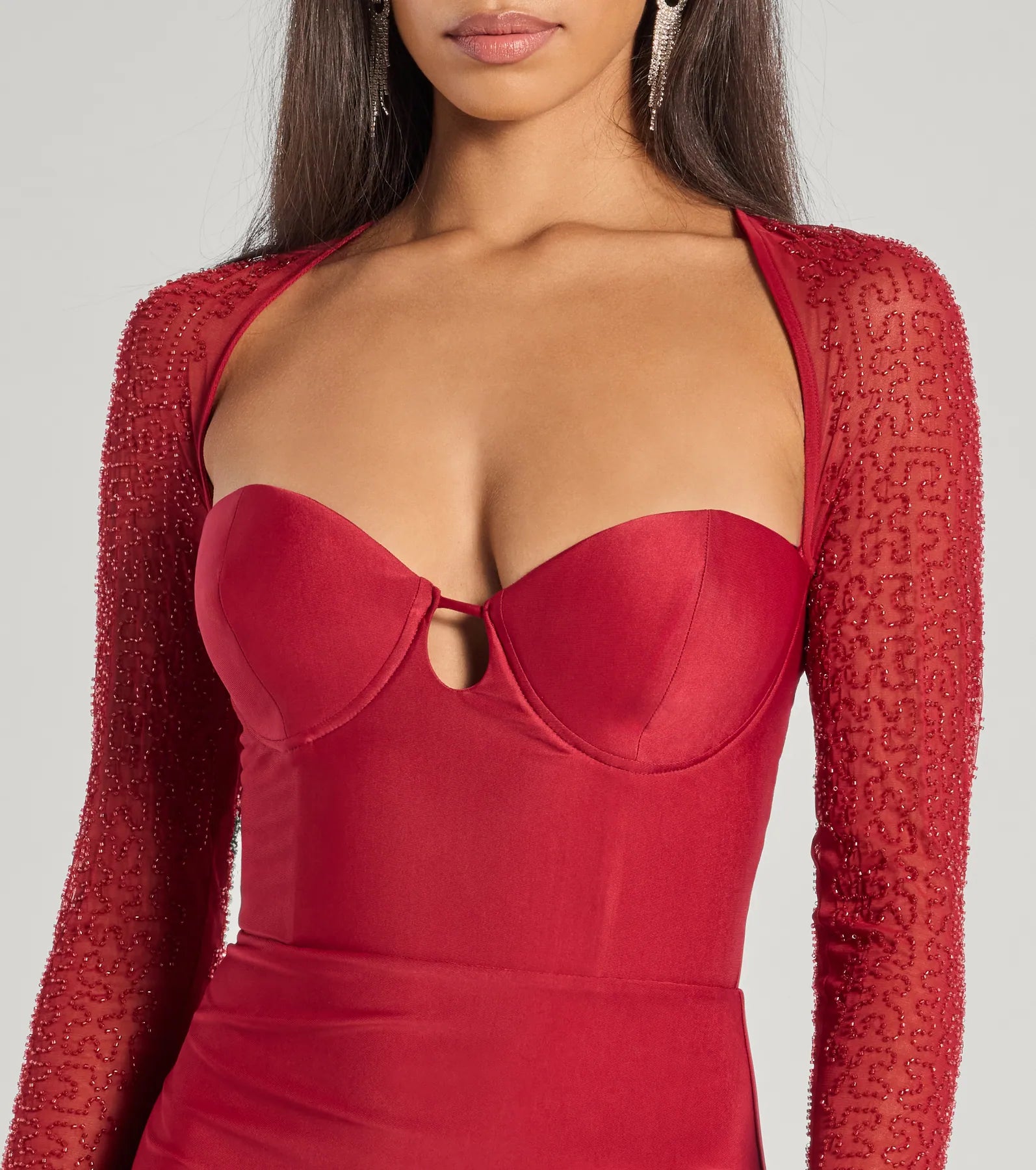 Wren Beaded Long Sleeve High Slit Column Dress